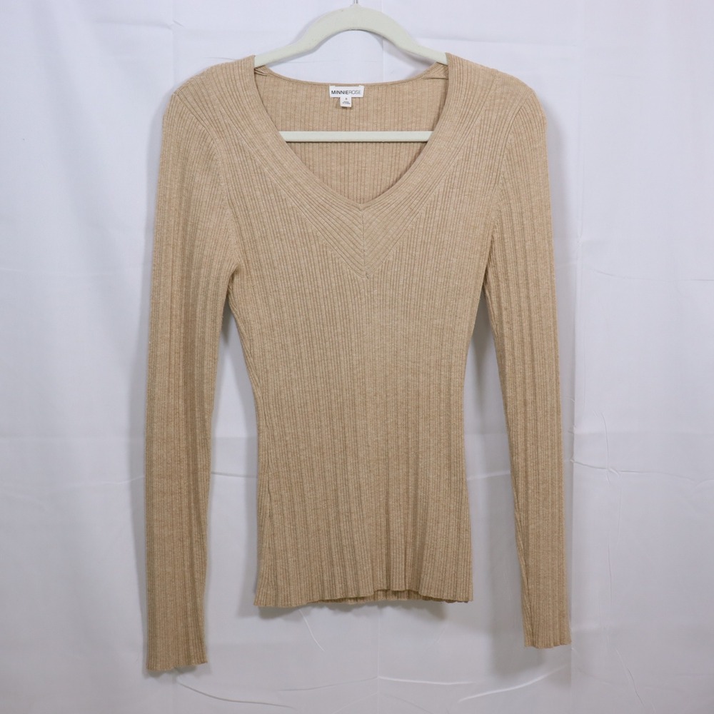 Minnie Rose Ribbed Sweater S Tan Womens V-Neck Silk Blend Knit Top